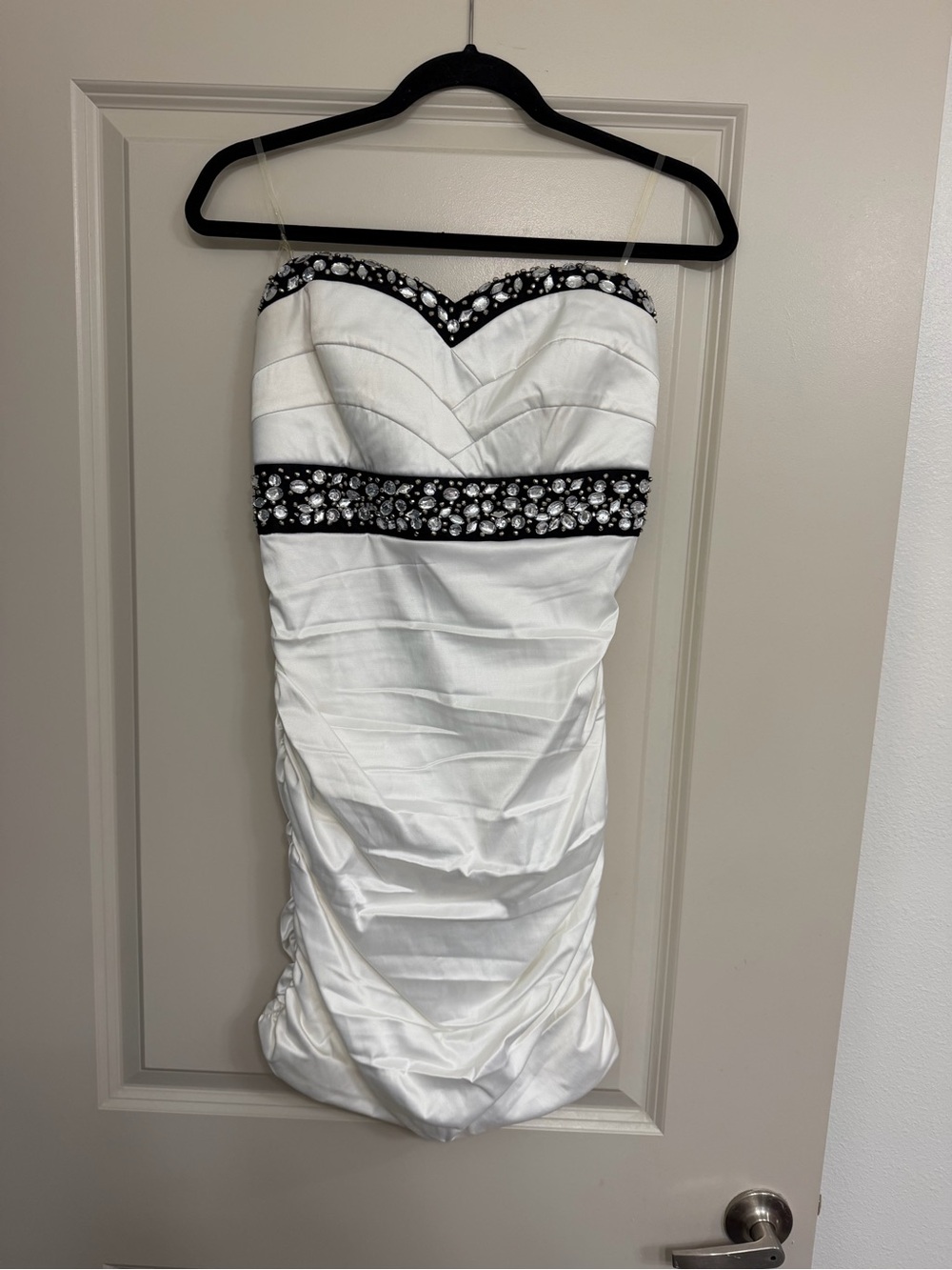 Strapless White Dress with Black Jeweled Accents